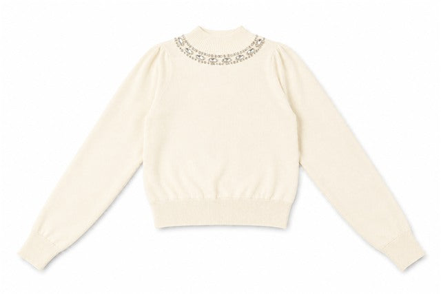 Ribbed Embellished Mock Neck Sweater in Cream by Mademoiselle