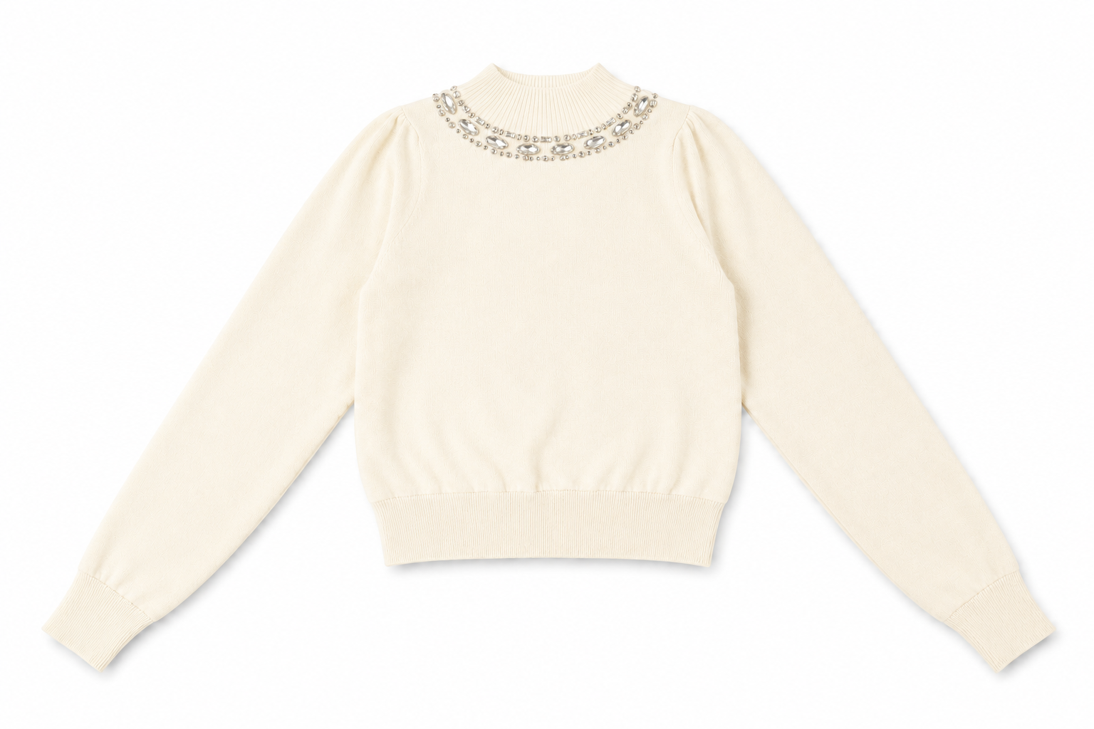 Ribbed Embellished Mock Neck Sweater in Cream by Mademoiselle