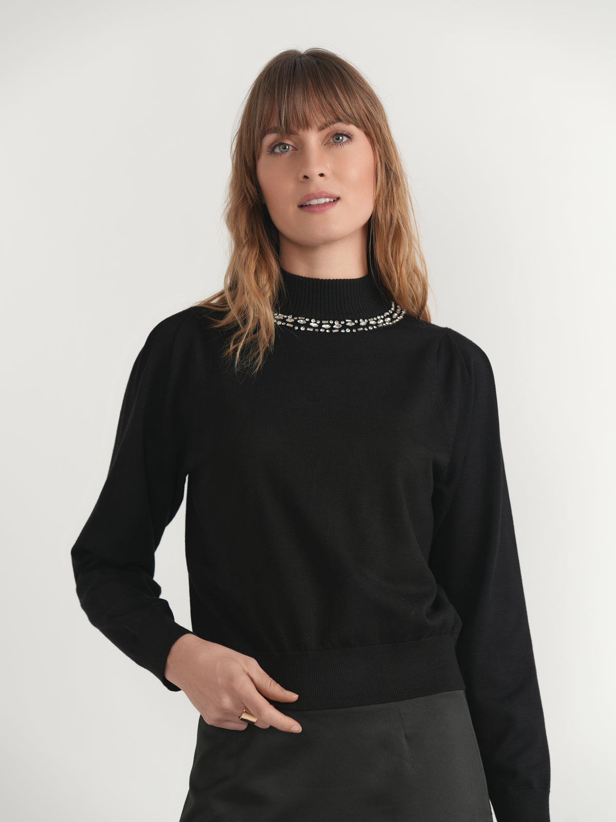 Ribbed Embellished Mock Neck Sweater in Cream by Mademoiselle
