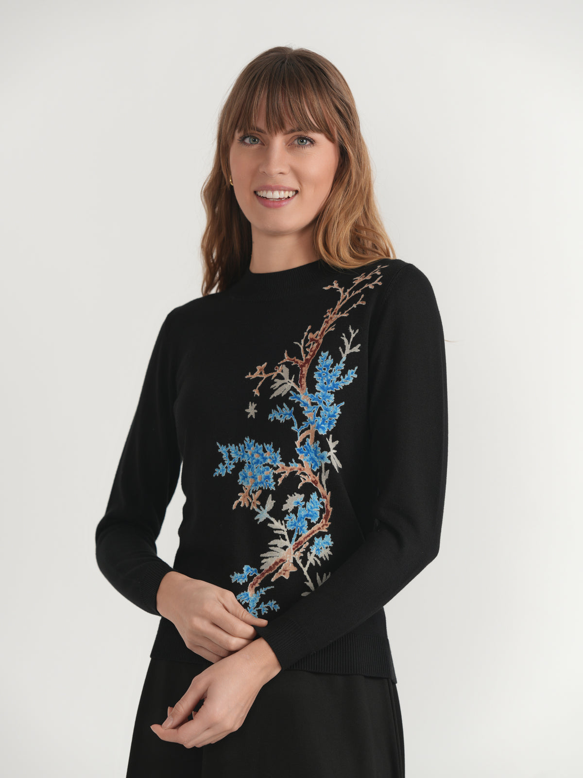 Printed Shirred Mock Neck Sweater in Black by Birt UK