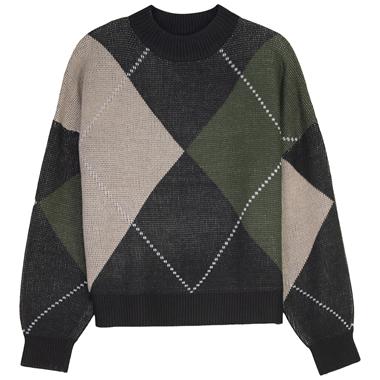 Argyle Drop Shoulder Sweater in Black Oatmeal D Olive by Firm Collection