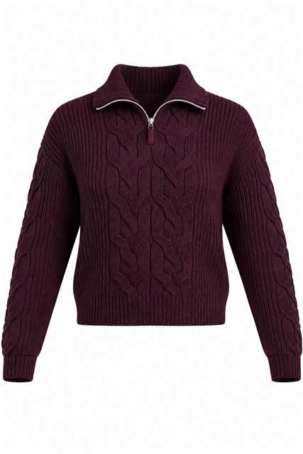 Cable Henley Zip Sweater in Eggplant by Blue Maple