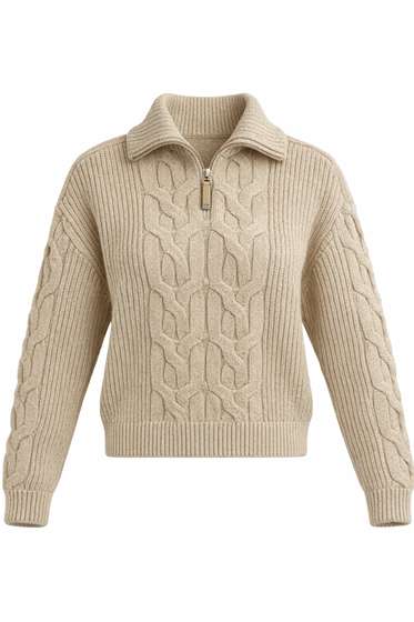 Cable Henley Zip Sweater in Oatmeal by Blue Maple