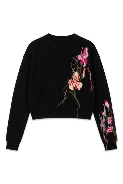 Cropped Floral Fringe Sweater in Black Floral by Dot