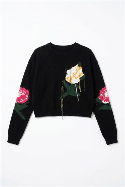 Cropped Floral Fringe Sweater in Black by Dot