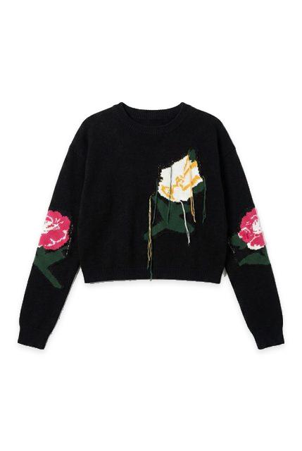 Cropped Floral Fringe Sweater in Black by Dot