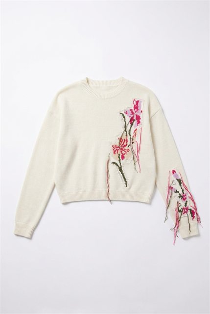 Cropped Floral Fringe Sweater in Cream Floral by Dot