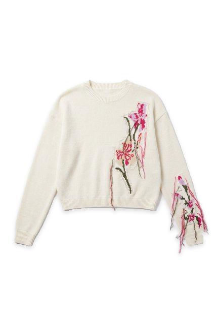 Cropped Floral Fringe Sweater in Cream Floral by Dot
