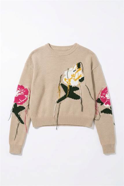 Cropped Floral Fringe Sweater in Light Oatmeal by Dot