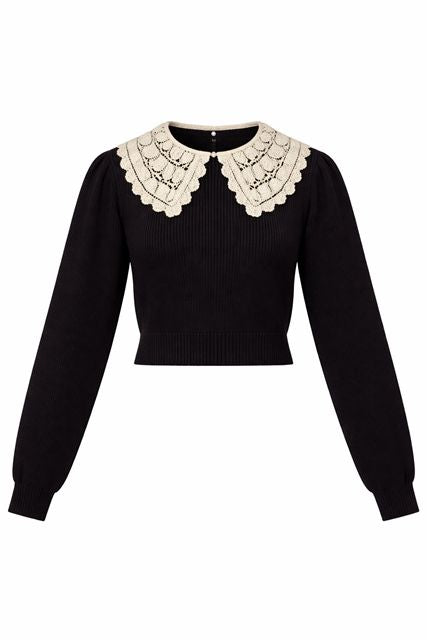 Ribbed Sweater With Crochet Collar in Black by Birt UK