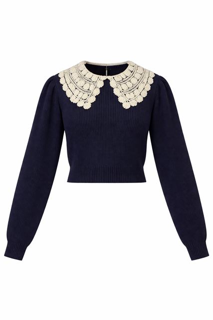 Ribbed Sweater With Crochet Collar in Dark Navy by Birt UK