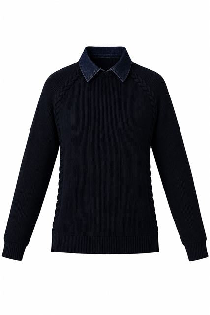 Saddle Stitch Sweater With Removable Denim Collar in Black Denim by Oops