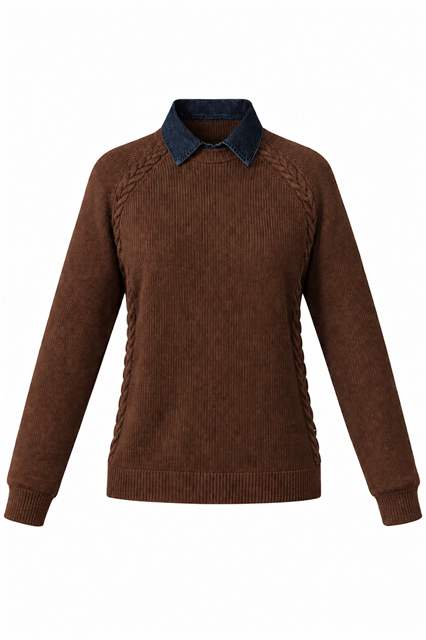 Saddle Stitch Sweater With Removable Denim Collar in Chocolate Denim by Oops