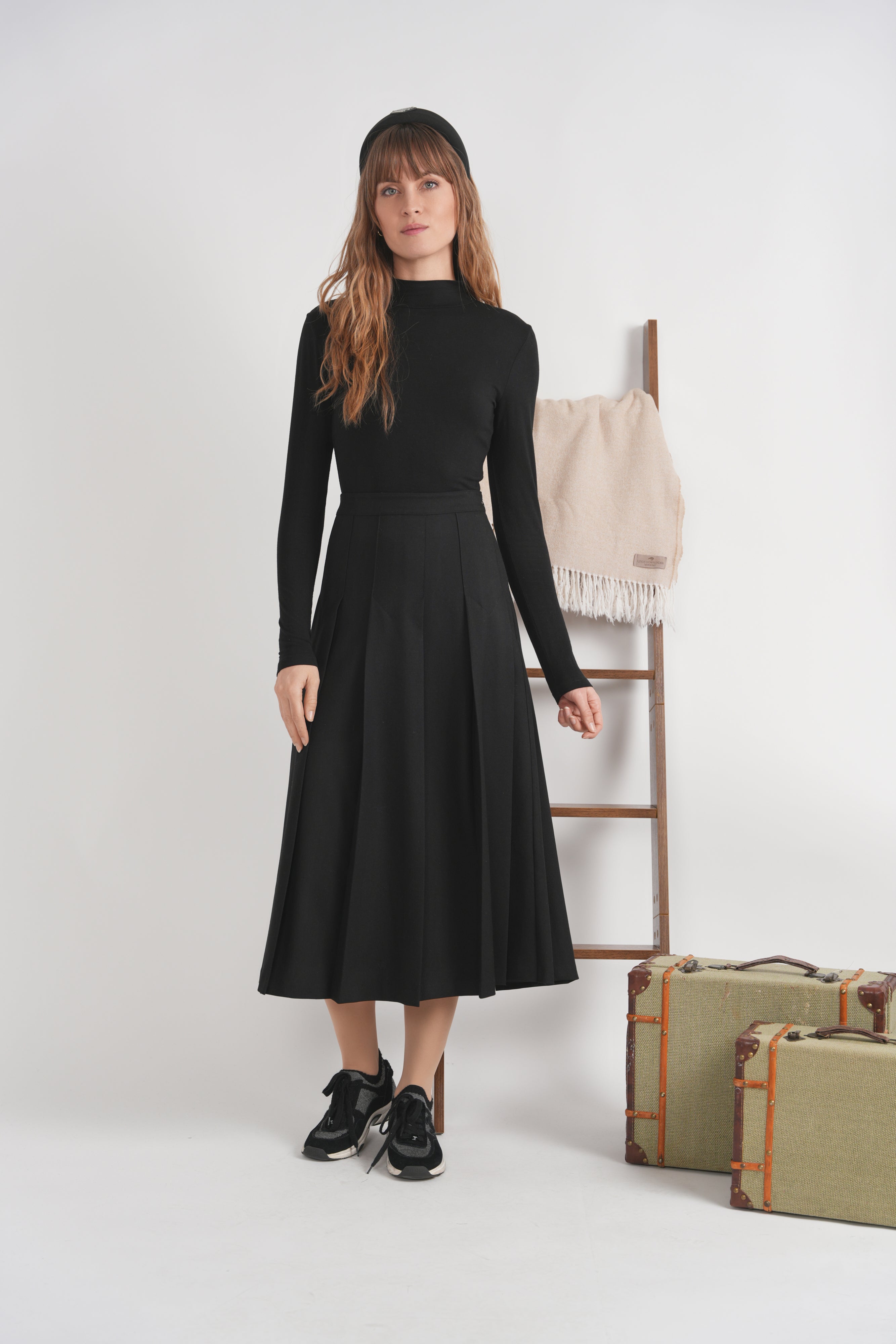 Pleated Virgin Wool Midi Skirt
