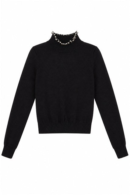 Pearl Mock Neck Sweater in Black by MiuMax