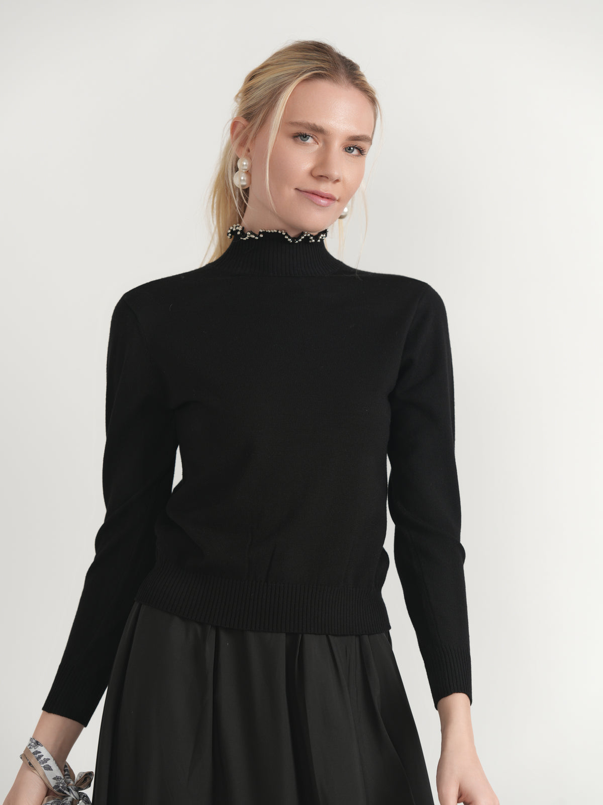 Pearl Mock Neck Sweater in Cream by MiuMax