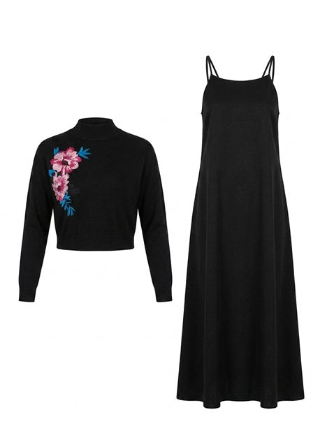 Cropped Embroidered Sweater-Copper Tencel Jumper Combo in Black Black by Versatile