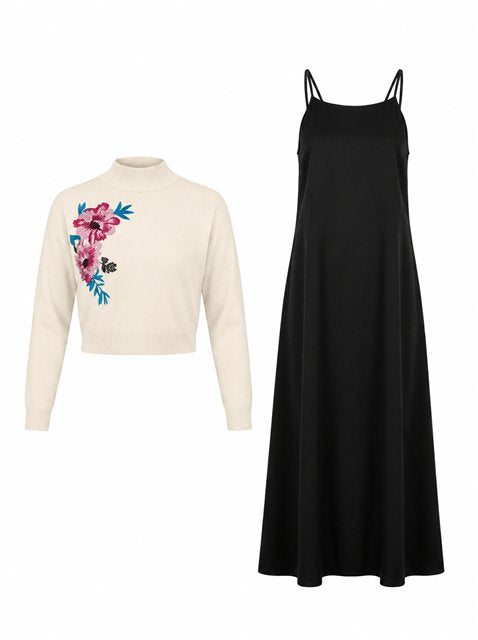 Cropped Embroidered Sweater-Copper Tencel Jumper Combo in Cream Black by Versatile