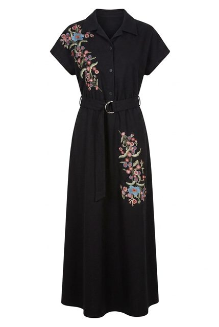 Brushed Wool Embroidered Maxi Dress in Black by The Norway Club
