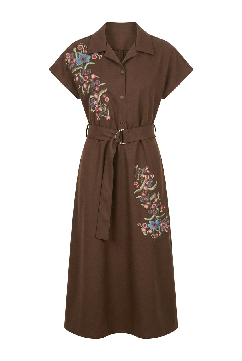 Brushed Wool Embroidered Maxi Dress