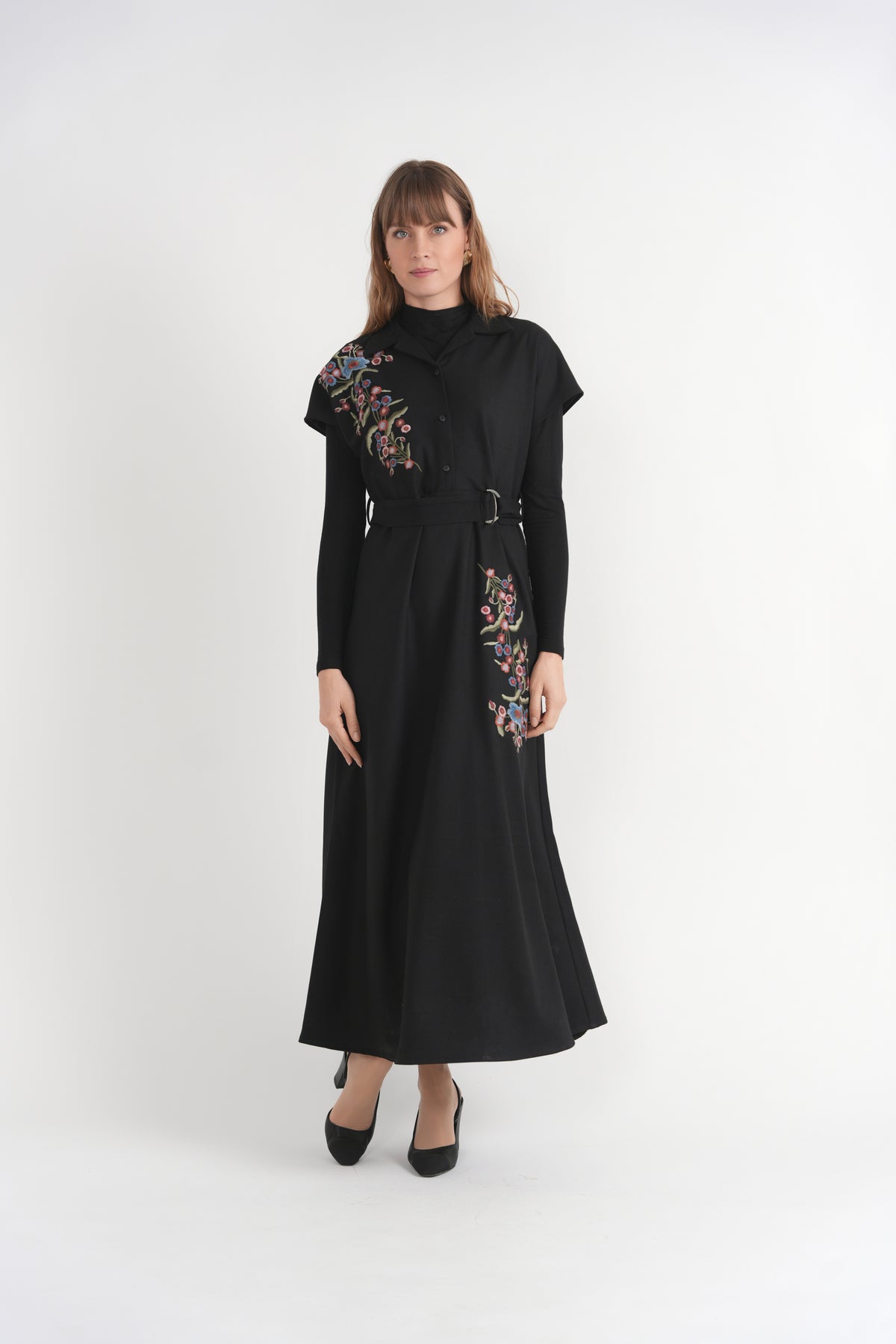 Brushed Wool Embroidered Maxi Dress in Chocolate by The Norway Club