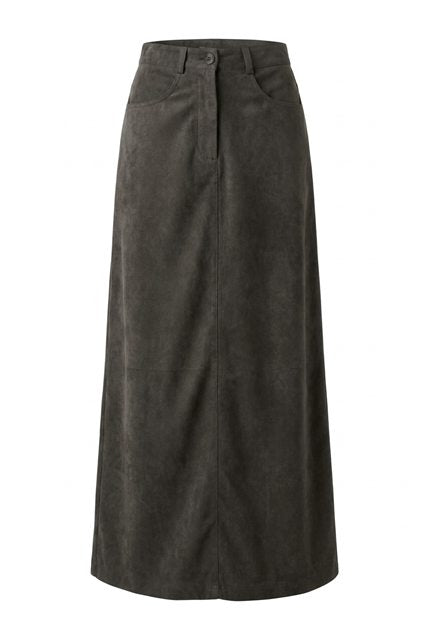 Suede Maxi Fly Front Ulla Skirt in Chocolate by Ulla Maxi