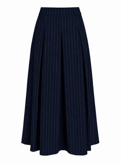 Cool Wool Pin Striped Pleated Midi Skirt in Navy by Diciannove