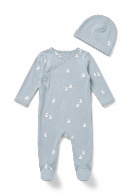 Bunnies Print footie in Blue White by Little Fragile