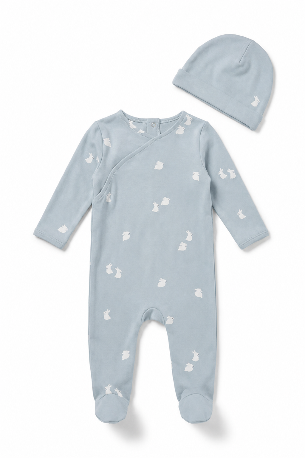 Bunnies Print footie in Blue White by Little Fragile