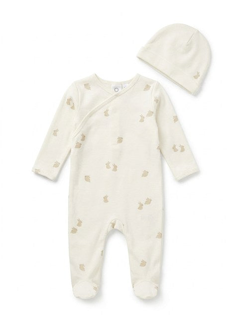 Bunnies Print footie in Powder Dark Almond by Little Fragile