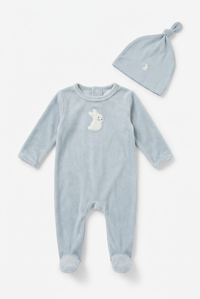 Velour Bunny Footie in Blue by Little Fragile
