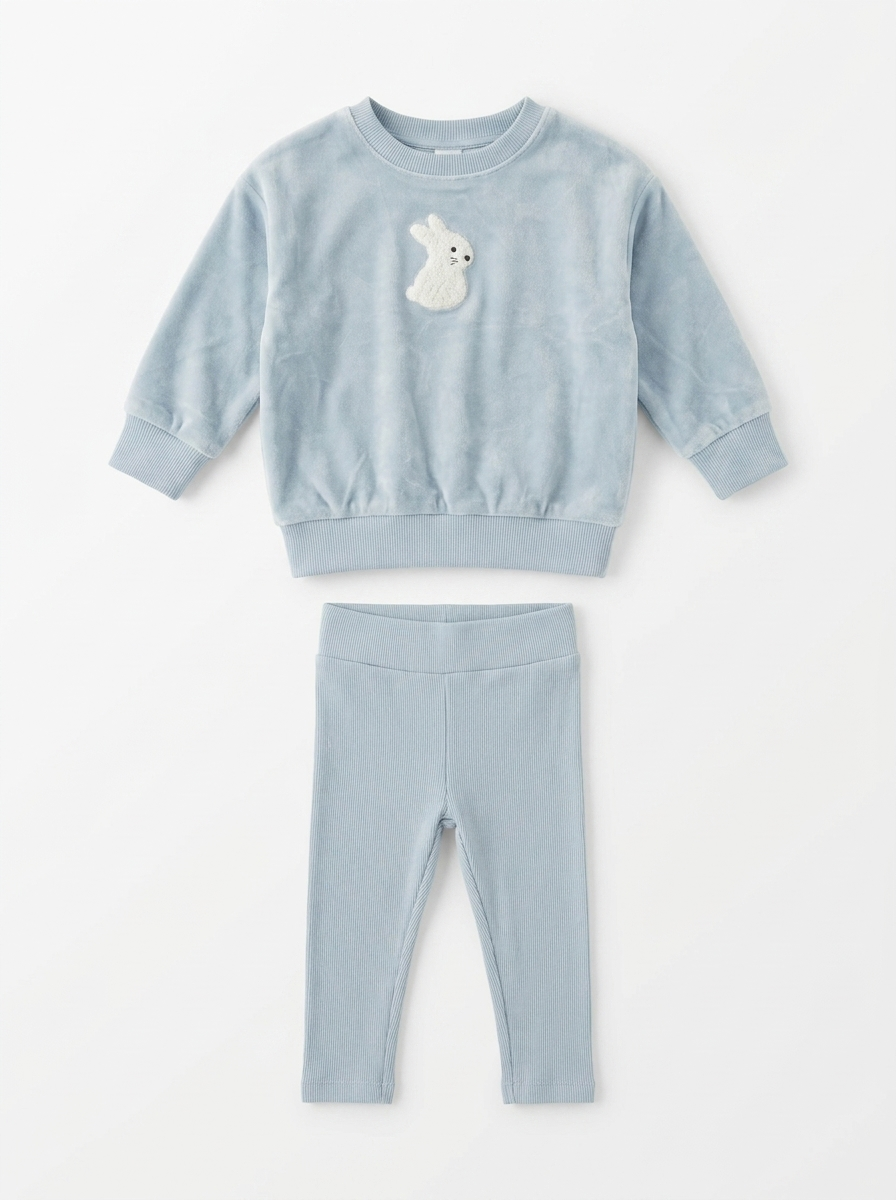 Velour Bunnies 2 Piece Set in Blue by Little Fragile