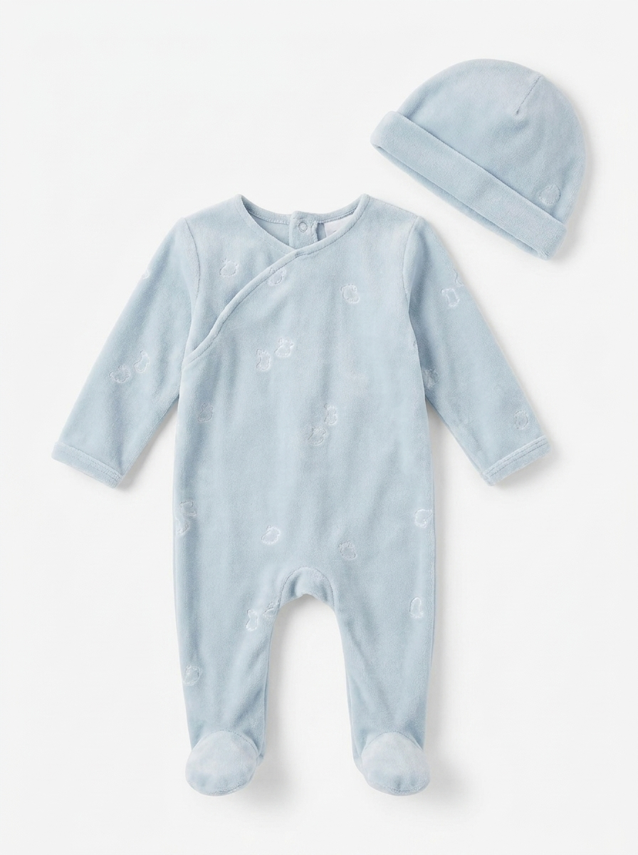 Bunnies Velour Footie in Blue by Little Fragile