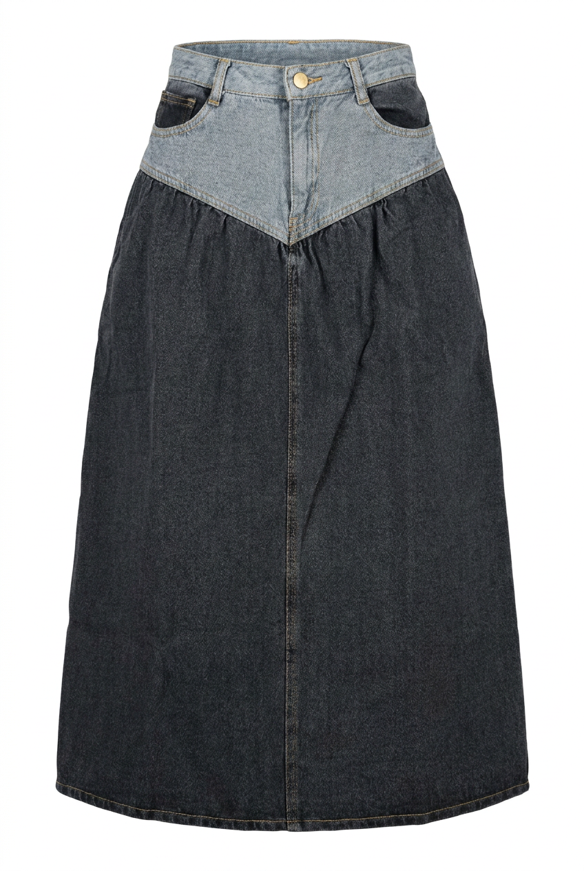 Two-Tone Denim Midi Skirt
