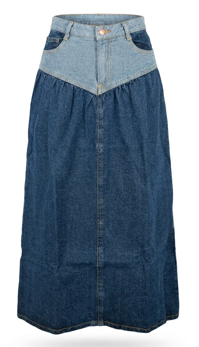 Two-Tone Denim Midi Skirt