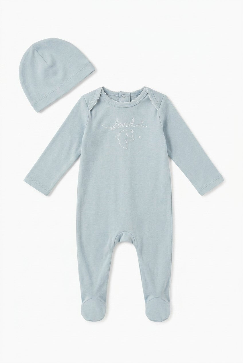 Loved Embroidered Footie in Blue by Fragile