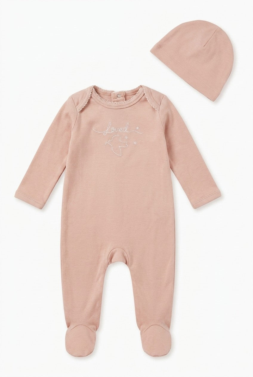 Loved Embroidered Footie in Pink by Fragile