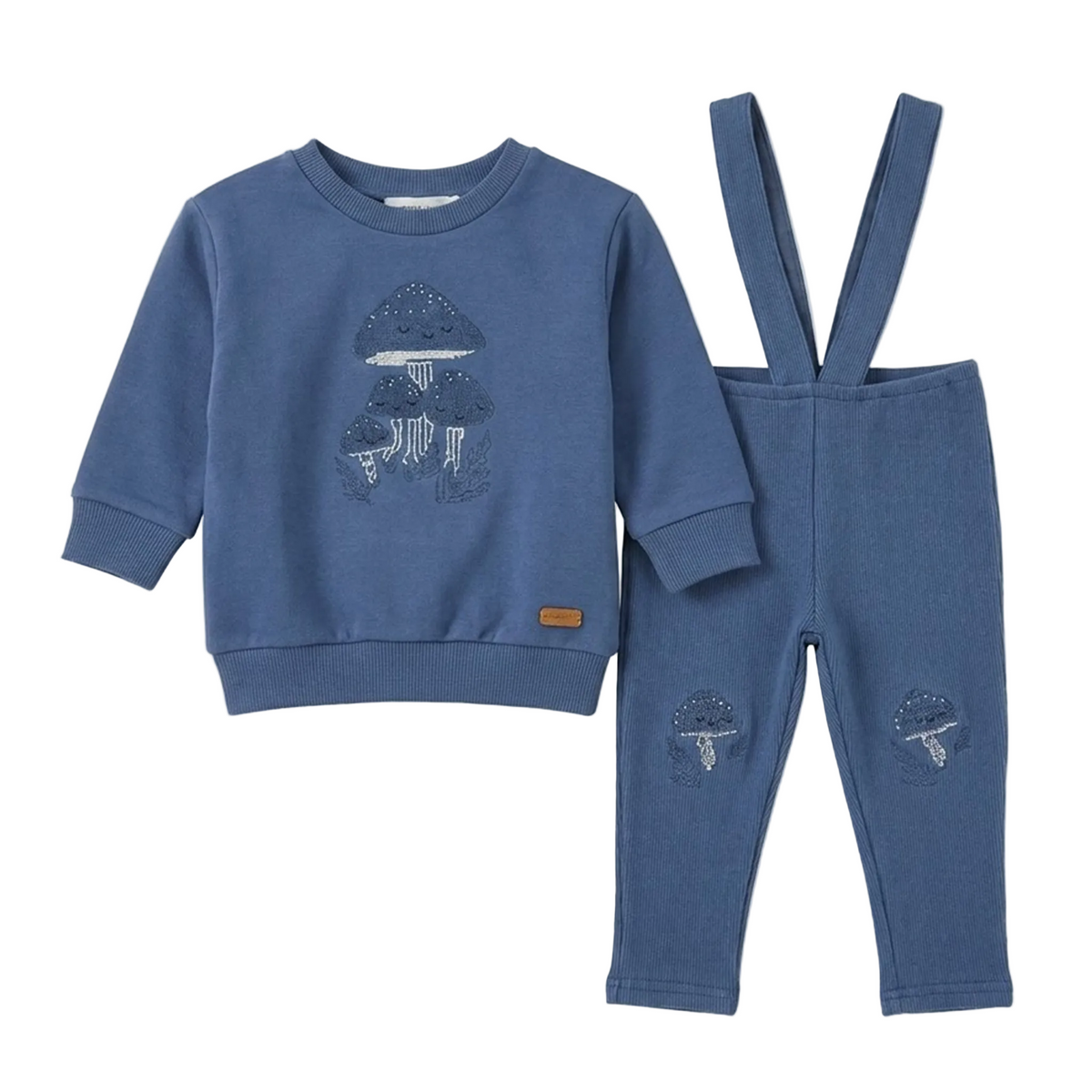 Mushroom Cross Stitch Overall Set in Denim by Charlotte & George