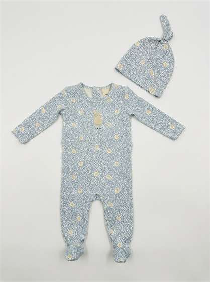 Leaves & Sheep Print Footie in Vanilla Blue by Fragile Red Stripe