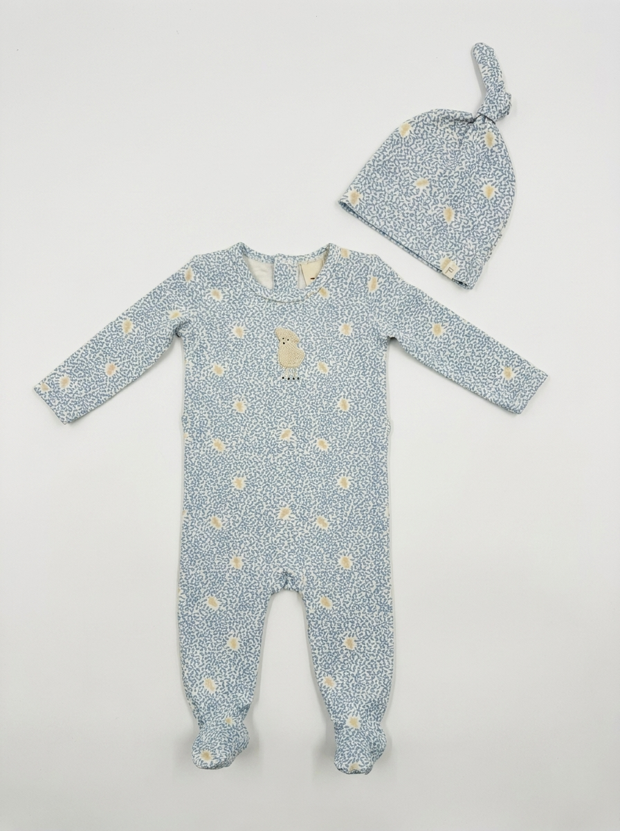 Leaves & Sheep Print Footie in Vanilla Blue by Fragile Red Stripe