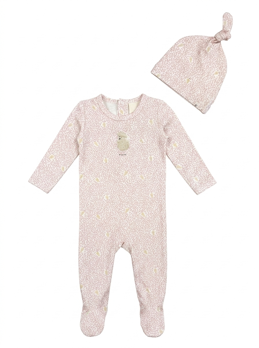 Leaves & Sheep Print Footie in Vanilla Primrose by Fragile Red Stripe