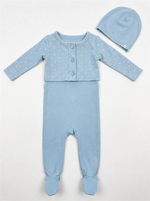 Footie, Cardigan & Hat Set in Blue by Fragile
