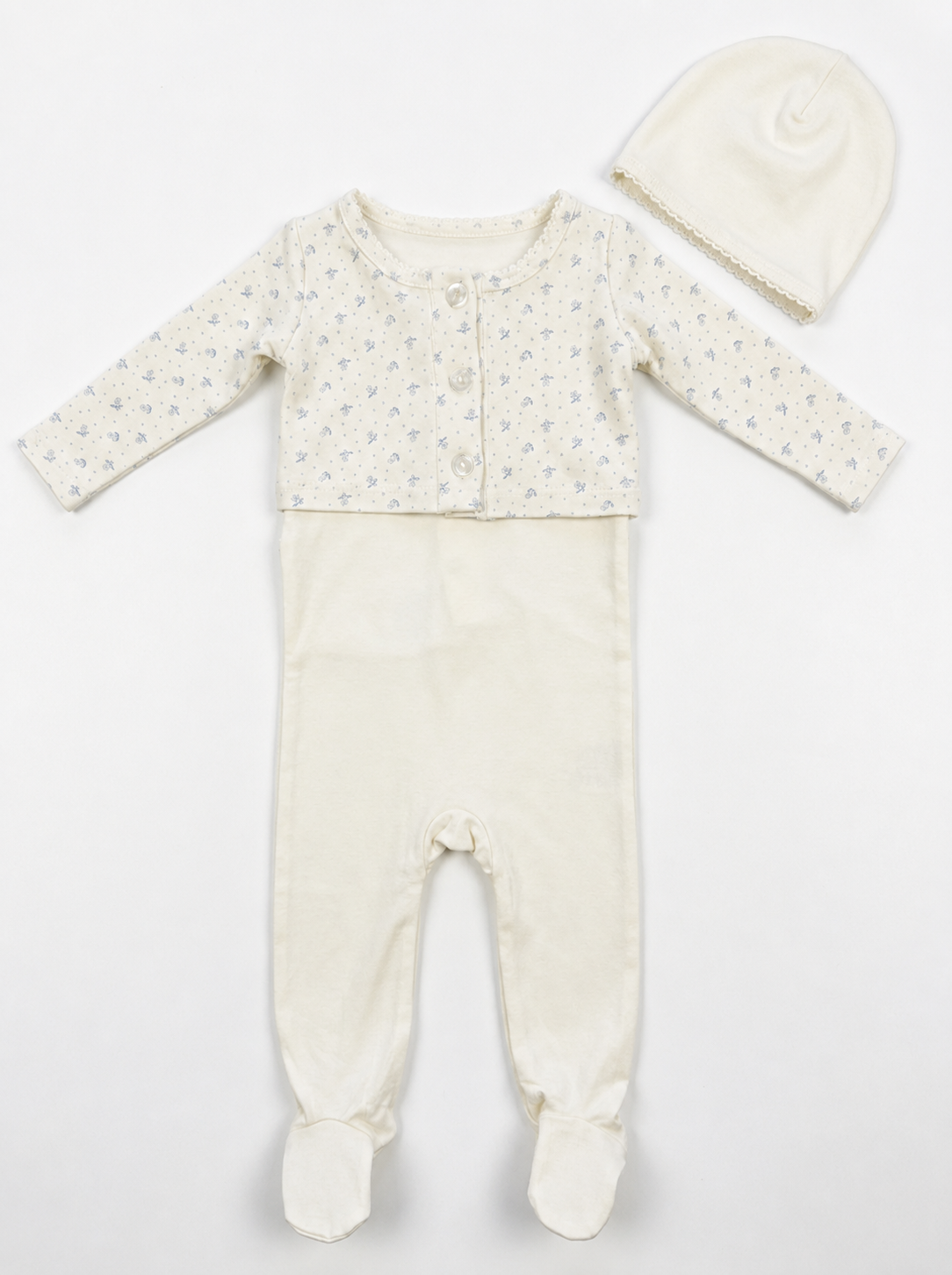 Footie, Cardigan & Hat Set in Powder Blue by Fragile