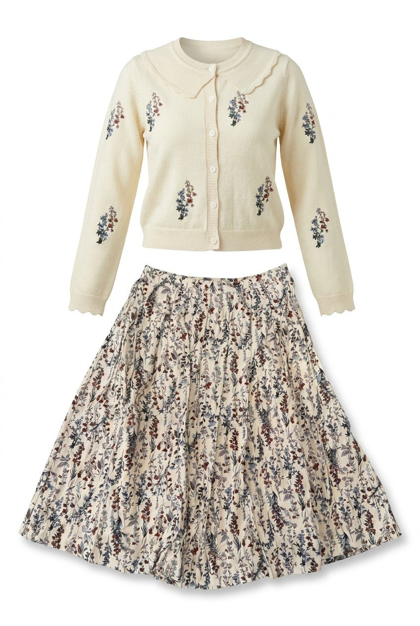 Floral Knit Cardigan & Pleated Skirt Set in Off White by Clô