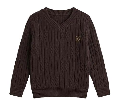 Cable Knit V-Neck Sweater in Chocolate by Charlotte & George