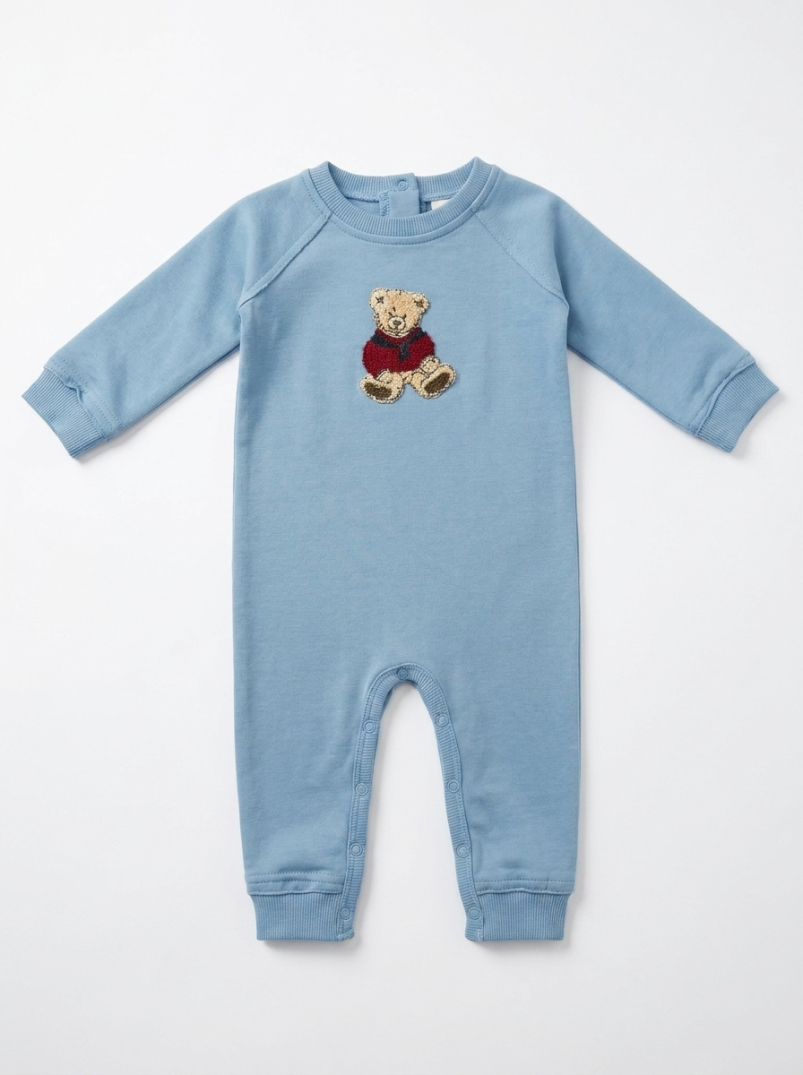 Hook Stitch Bear Romper in Blue Willow by J'taime +1