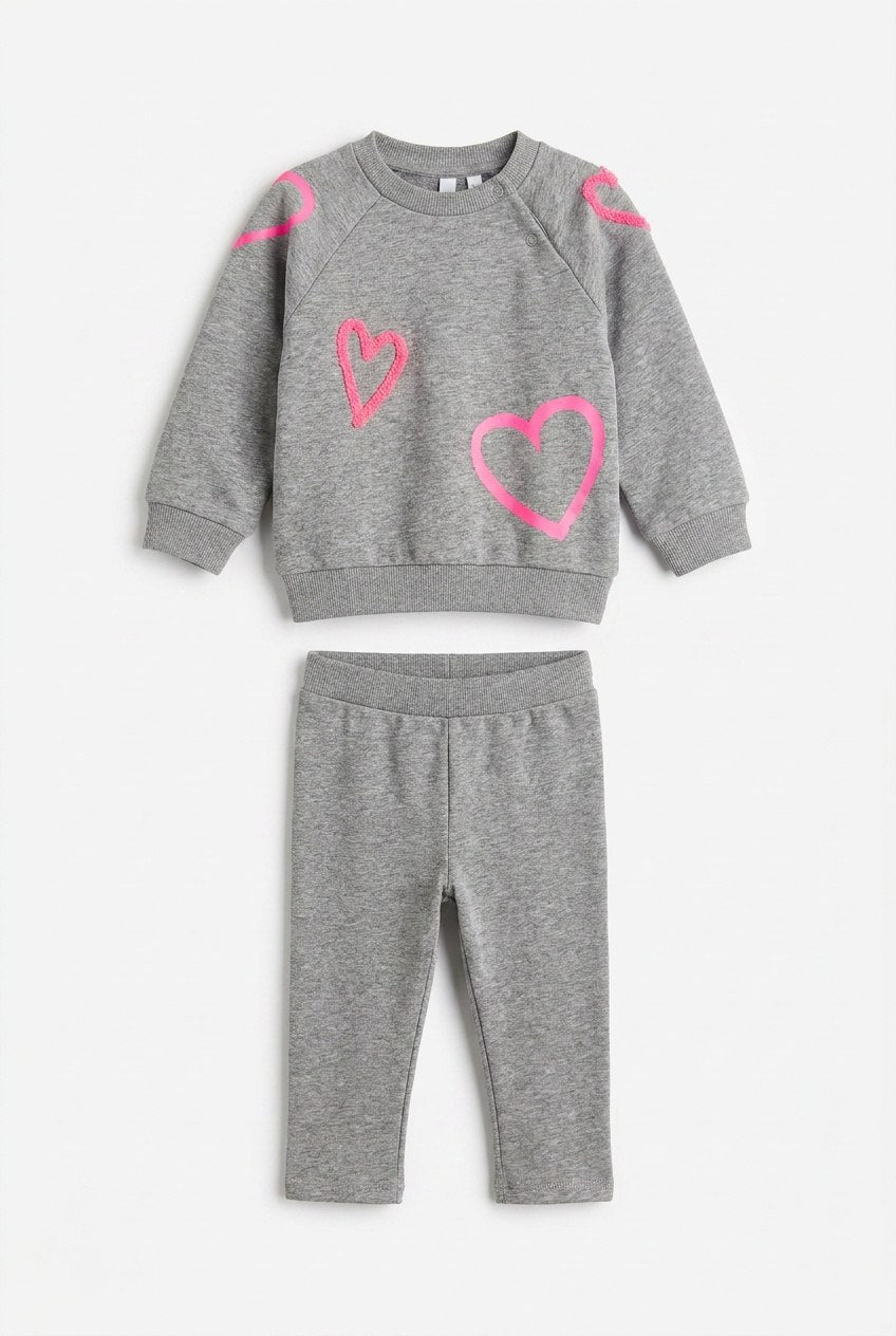 Heart Print Sweatshirt & Pants Set in Grey Mix Neon Pink by FYI