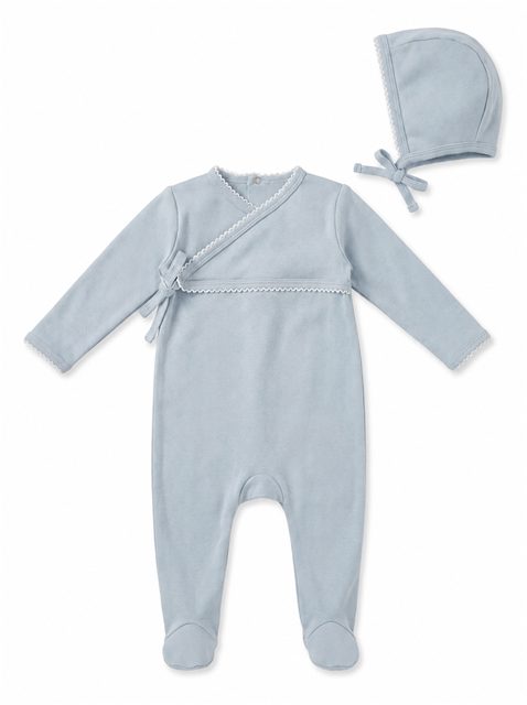 Bamboo Wrap Footie in Blue Off White by Little Fragile