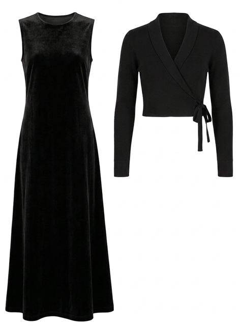 Long Jumper & Wrap Cardigan Set in Black by Lola