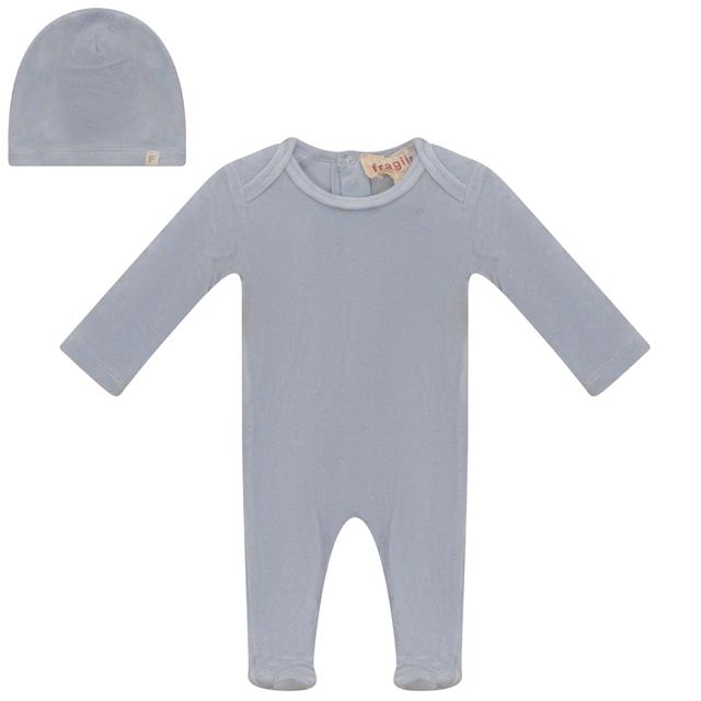 Allover Circle Print Velour Footie in Blue by Fragile Red Stripe